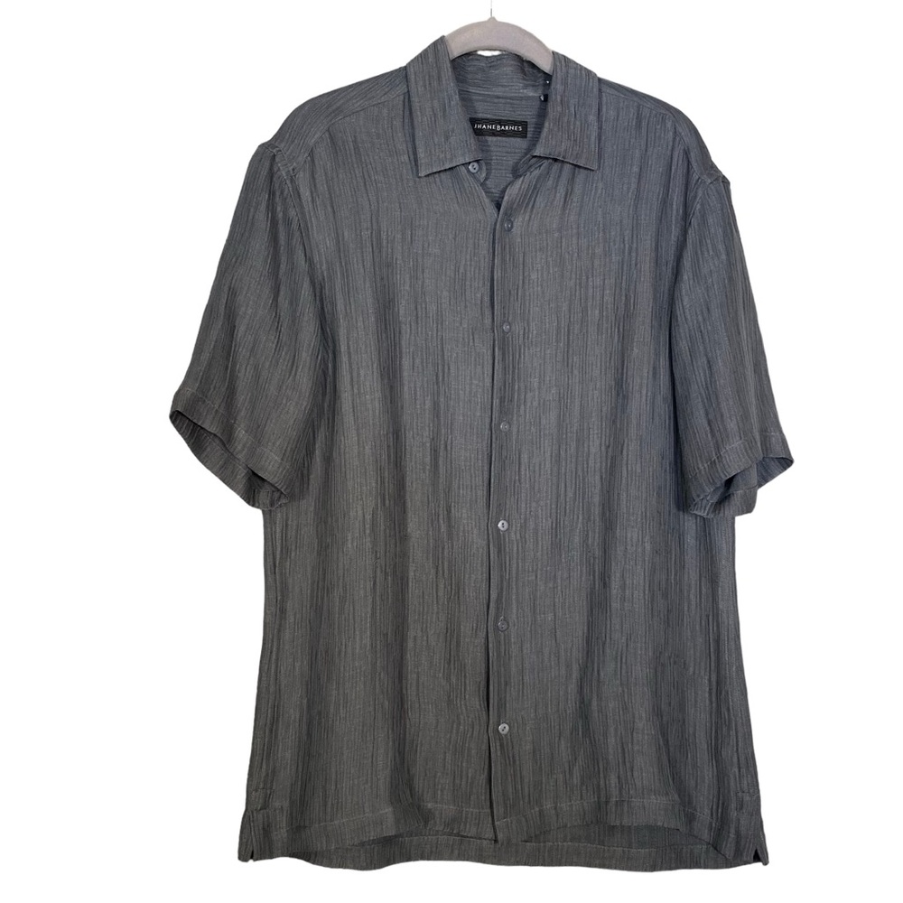 Jhane Barnes Button-up Short Sleeve Silk and Linen Blend Charcoal Gray Size M